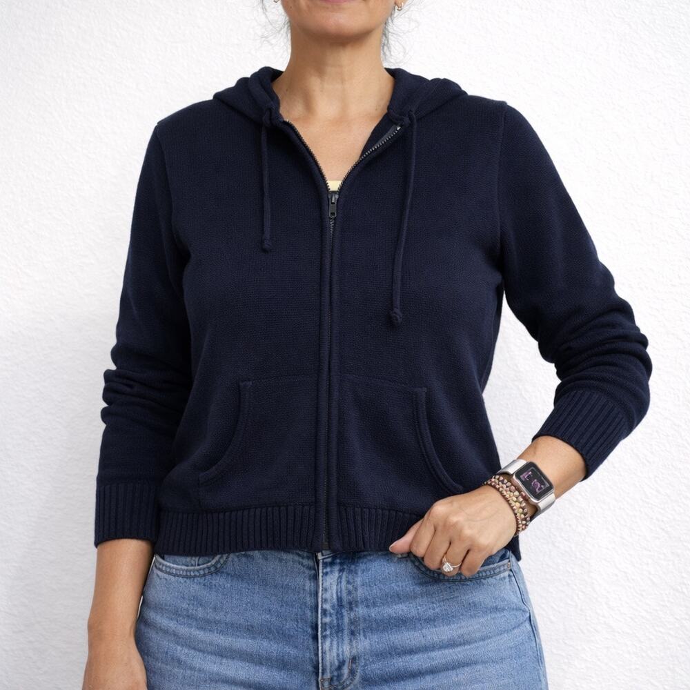 Brandy Melville Navy Knit Zip Up Hooded Cropped Sweater Hoodie Sz M